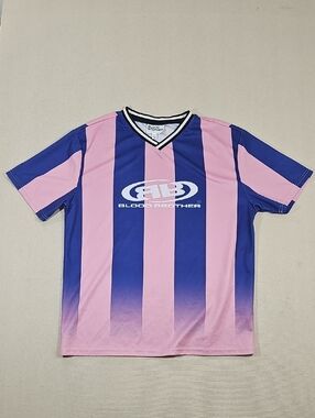 Blood Brother Pink & Blue Striped V-Neck Top with Contrast Trim Large